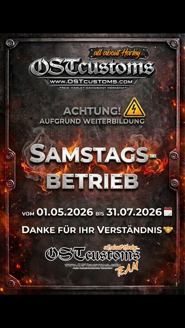 🚨 ACHTUNG: NUR SAMSTAGS-BETRIEB 🚨
Wegen Weiterbildung ist die Werkstatt vom 01.05. bis 31.07.2026 ausschließlich am Samstag geöffnet! 🛠️📚
⚠️ WICHTIG: Termine nur nach Vereinbarung! 🗓️✅
📲 Anfragen: Wie gewohnt alles per WhatsApp! 💬🔥
Danke für euer Verständnis! 🤜🤛
Euer OSTcustoms Team 🦅
