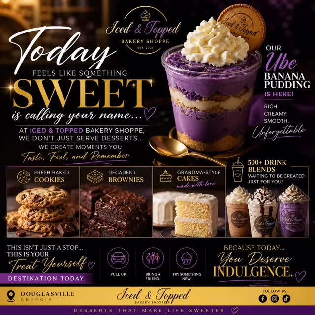 Today feels like something sweet is calling your name… 👀🍰
At Iced & Topped Bakery Shoppe, we don’t just serve desserts…
we create moments you taste, feel, and remember.
💜 Our Ube Banana Pudding is here
Rich. Creamy. Smooth. Unforgettable.
🍪 Fresh baked cookies
🍫 Decadent brownies
🍰 Grandma-style cakes made with love
🥤 500+ drink blends waiting to be created just for YOU
This isn’t just a stop…
This is your treat yourself destination today.
✨ Pull up.
✨ Bring a friend.
✨ Try something new.
Because today… you deserve indulgence.
📍 Douglasville
📍 Iced & Topped Bakery Shoppe
Tag your dessert partner and tell them:
“Meet me at Iced & Topped TODAY.” 👇🏽
#IcedAndTopped #UbeDessert #BananaPuddingLovers #DessertLovers #AtlantaEats