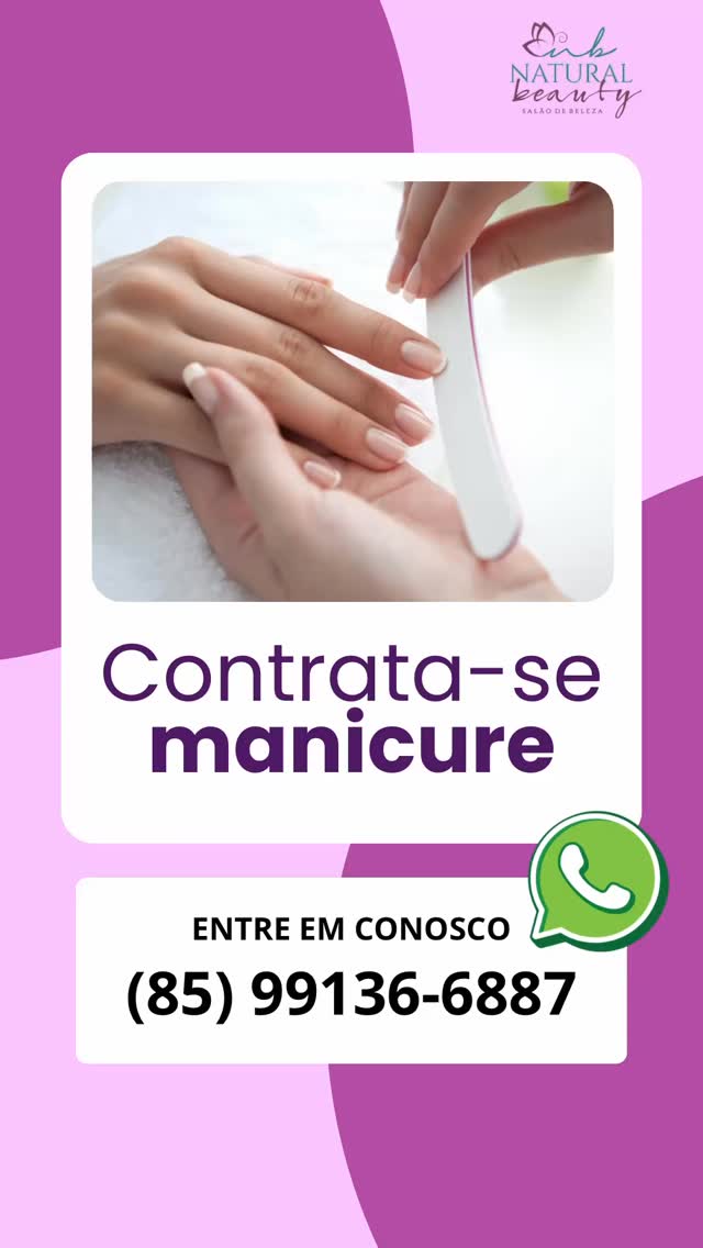 Estamos contratando MANICURE. Pagamos o seu transporte.
Entre em contato conosco:
(85) 99136-6887
