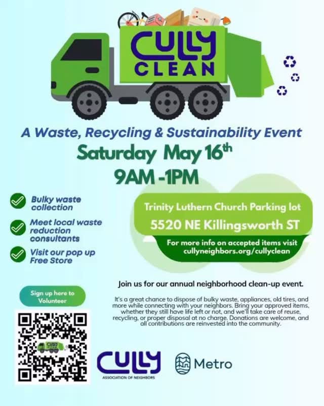 ♻️ COMMUNITY CLEANUP ALERT ♻️
Did you know the Cully Clean Waste, Recycling & Sustainability Event is coming up on Saturday, May 16th, 2026 from 9AM–1PM?
📍 Trinity Lutheran Church Parking Lot
5520 NE Killingsworth St
This annual neighborhood event is all about community, sustainability, recycling awareness, and helping keep our city clean. We’re proud to help spread the word and encourage spring cleaning the responsible way.
Bring approved items for:
✅ Recycling
✅ Proper disposal
✅ Reuse donations
✅ Bulky waste collection
✅ Medical supply reuse
✅ Free store/community exchange
This is a great opportunity to:
• Clean out your garage
• Responsibly recycle unwanted items
• Dispose of bulky waste correctly
• Support reuse and sustainability
• Connect with neighbors and local organizations
Items accepted include:
♻️ Tires (rims removed)
♻️ Scrap metal
♻️ Electronics with cords
♻️ Mattresses & box springs
♻️ Appliances
♻️ Cardboard & shredding paper
♻️ Batteries & CFL bulbs
♻️ Medical sharps + epipens
They’re also collecting reusable items like:
🪑 Furniture
👕 Clean clothing
📚 Books & media
🍳 Kitchen items
🧸 Toys & puzzles
🛠️ Tools & hardware
Medical reuse donations accepted:
• Walkers
• Wheelchairs
• Canes & crutches
• Hospital beds
• Braces & compression supplies
• Blood pressure monitors
• Unopened wound care supplies
Let’s work together to keep our community clean, sustainable, and connected. 🌎
#recycling
#recycle
#sustainability