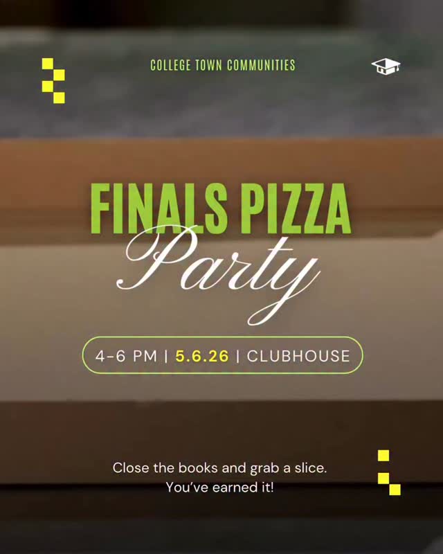 🍕 Pizza > Finals
Close the books and grab a slice. You’ve earned it! Plant based and gluten free options available!
📍 Tomorrow at the clubhouse starting at 4 until supplies last!
First come, first served. See you there!
#CollegeTownCommunities #LiveWithin #PizzaParty #FinalsWeek #collegetownusf