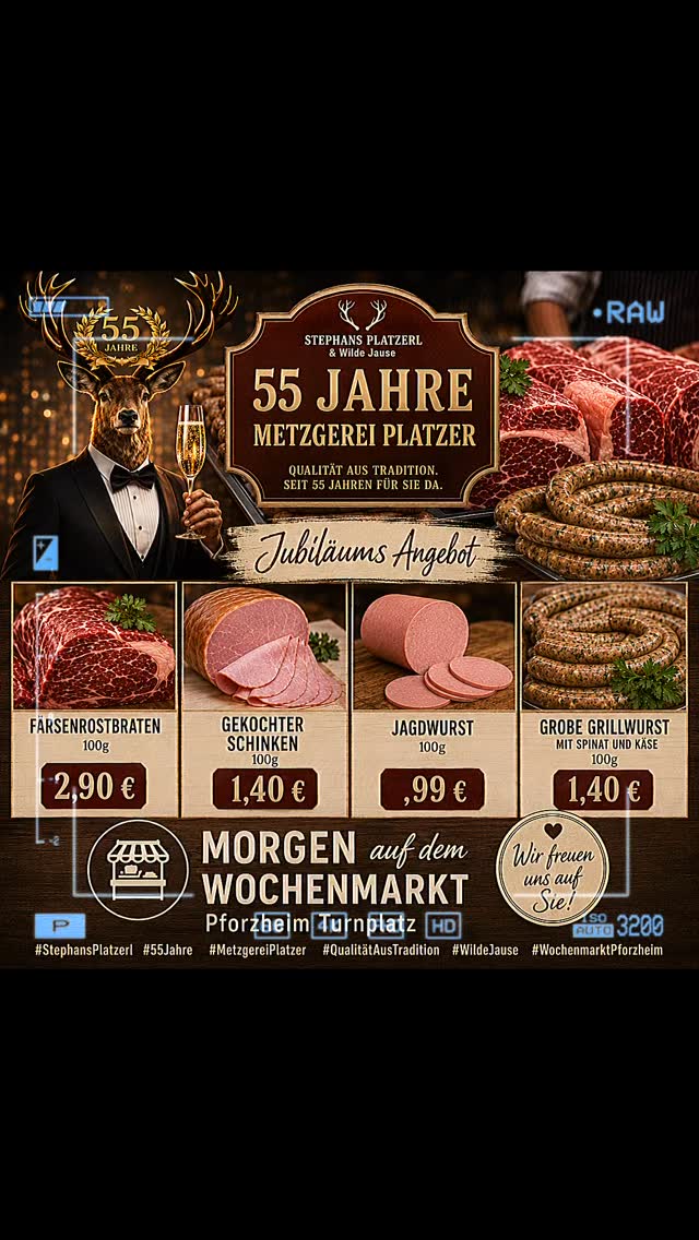🥩🎉 55 Jahre Metzgerei Platzer – Jubiläums-Angebote! 🎉🥩
Morgen sind wir für euch auf dem Wochenmarkt Pforzheim am Turnplatz mit unseren Jubiläums-Krachern! 🔥
🥩 Färsenrostbraten
100g nur 2,90€
🍖 Gekochter Schinken
100g nur 1,40€
🌭 Jagdwurst
100g nur 0,99€
🔥 Grobe Grillwurst mit Spinat & Käse
100g nur 1,40€
Tradition, Qualität und echter Geschmack – seit 55 Jahren! ❤️
Kommt vorbei, wir freuen uns auf euch!
#StephansPlatzerl
#MetzgereiPlatzer
#55Jahre
#JubiläumsAngebot
#WochenmarktPforzheim
TurnplatzPforzheim
Pforzheim
RegionalGenießen
MetzgerHandwerk
QualitätAusTradition
Grillwurst
Färsenrostbraten
GekochterSchinken
Jagdwurst
WildeJause
Feinkost
Regional
Wochenmarkt
TraditionSeit55Jahren