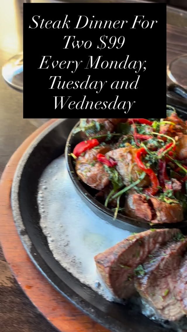 This is by far the best deal in town. We start you off with with either a House Salad or Soup du Jour, then comes a broiled 12oz Bistro Filet, sliced to share along with a side of Patatas Bravas, Sautéed Vegetables and a glass of House Red or White Wine, all finished with a decadent Dessert to share. Every Monday, Tuesday and Wednesday. Join us tonight!