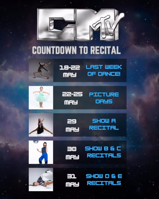 The countdown to recital weekend is officially ON 🎬✨
Here are all of the important dates and reminders from now through recital weekend so our CMSD families can stay organized and ready for showtime! We cannot believe how close we are to celebrating another amazing season with all of our dancers ❤️