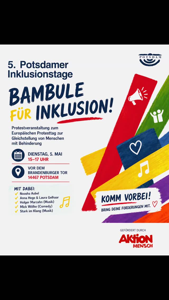 Gestern waren wir bei „Bambule für Inklusion“, dem Europäischen Protesttag zur Gleichstellung von Menschen mit Behinderung.
Ein Tag voller Begegnungen, Austausch und wichtiger Zeichen für mehr Teilhabe und Sichtbarkeit.
Hier ein paar Eindrücke.
Ein großes Dankeschön an die Organisator*innen, besonders an @tinadenninger und @beauftragtepotsdam für euren Einsatz!
Wenn euch das Reel gefällt, hinterlasst uns gern ein ❤️ in den Kommentaren.
#Inklusion #BambuleFürInklusion #Potsdam #JugendclubAlpha