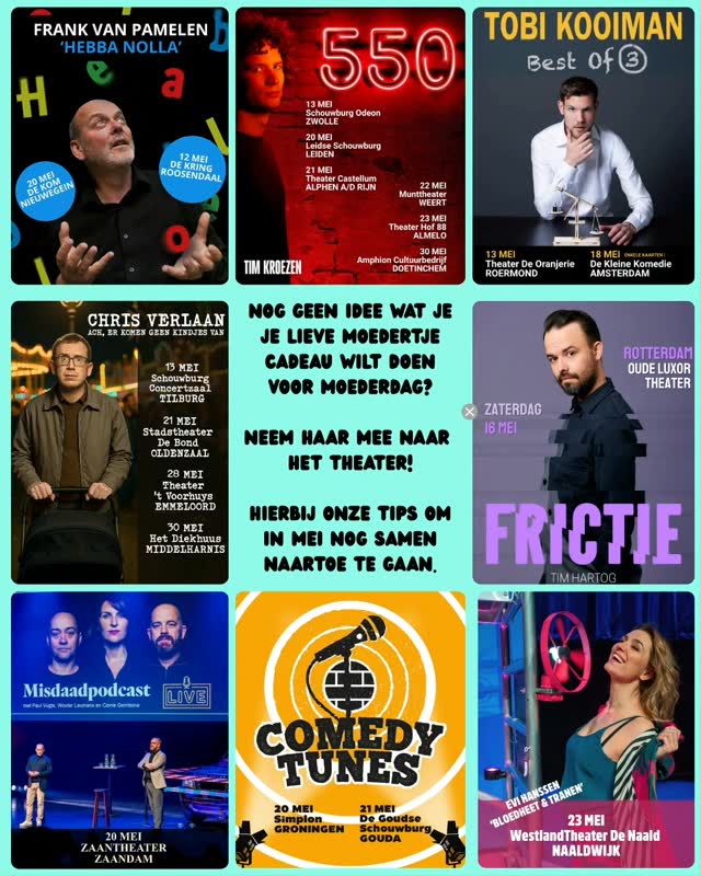 Nog geen idee wat je je lieve moedertje cadeau wilt doen voor #moederdag ?
Neem haar mee naar
het #theater om een avondje heerlijk samen te lachen! ๐คฃ
Hierbij onze tips om in mei nog naartoe te gaan.
@frankvanpamelen @timkroezen @tobikooiman @chrisverlaan_cabaret @hahahartog @hetparool @comedytunes_official @evihanssen @bloedheetentranen