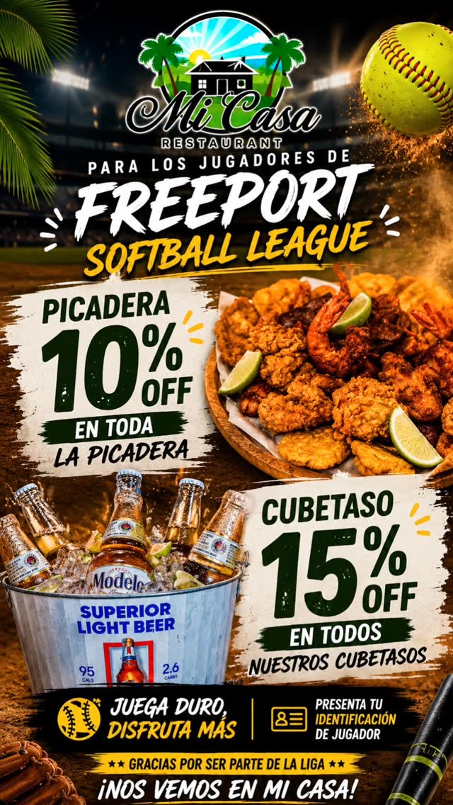 ⚾ After the game, the celebration starts at @micasitafreeport Freeport Softball League players can enjoy 10% OFF all picaderas and 15% OFF all bucket specials. Bring your player ID, grab your crew, and keep the good vibes going with delicious food and cold beers! 🍻🔥
#FreeportSoftballLeague #MiCasaRestaurant #PicaderaTime #BucketSpecials #GameDayVibes