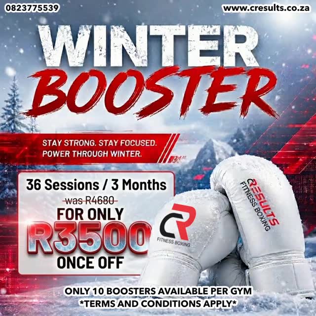 DON’T LET THE COLD SLOW YOU DOWN! 🥊❄️
Stop waiting for Monday. Stop waiting for spring. The work starts now. We’re turning up the heat at CResults with our Winter Booster special!
The Deal:
🔥 36 Sessions / 3 Months
🔥 Was ~~R4680~~ | NOW ONLY R3500 (Once Off)
Beat the winter blues, build your discipline, and come out of the season stronger than ever.
Limited spots available.
🔗 DM us “WINTER” to get started, Or call/message Alan: 0823775539.
Branches in Bryanston and Houghton.
www.cresults.co.za
#FitnessBoxing #WinterBooster #BoxingLife #GymMotivation #SouthAfricaFitness WinterWorkout