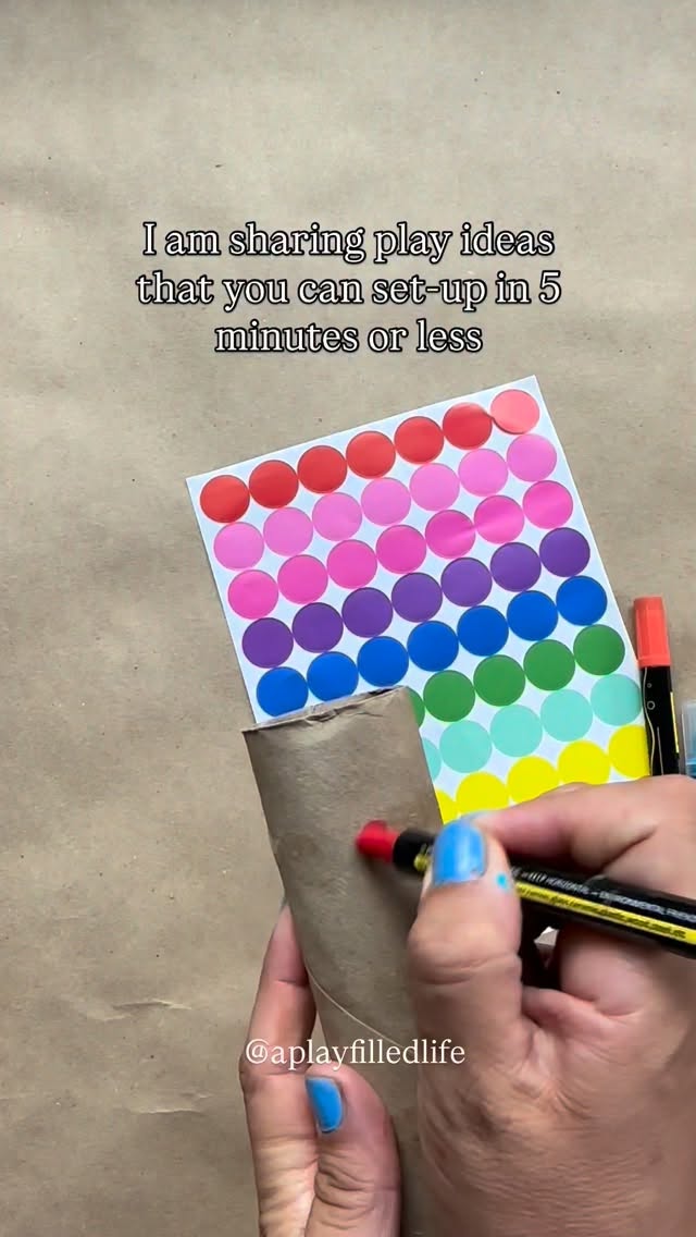 Follow for daily ideas like this!
Draw colored circles on a paper towel roll and give your kiddo matching for stickers.
Peel, stick and match!
Follow for more activities you can set-up in 5 minutes or less!