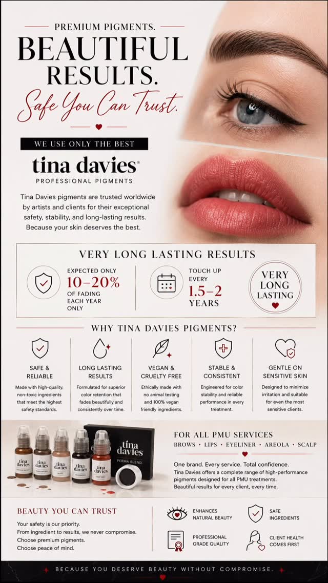 What’s in your pigment? 🎨✨
Many clients ask me: “How long will it last?” or “Will the color change over time?”
The secret behind my healed results is Tina Davies Professional Pigments. 🏆
Why I won’t use anything else:
✅ Ultra-Stable: No more worrying about brows turning weird colors. They heal true to tone!
✅ Long-Wear: Enjoy your results for 1.5 - 2 years before needing a touch-up.
✅ Clean Beauty: 100% Vegan, cruelty-free, and non-toxic.
✅ Gentle: Perfect for all skin types, including sensitive skin.
I invest in the best products because you deserve a premium experience with results that last. Experience the difference of high-performance pigments! 💖
✨ Tap the link in bio to see my healed work!
#TinaDavies #PMUArtist #MarkhamBeauty #HealedBrows #LipBlushToronto