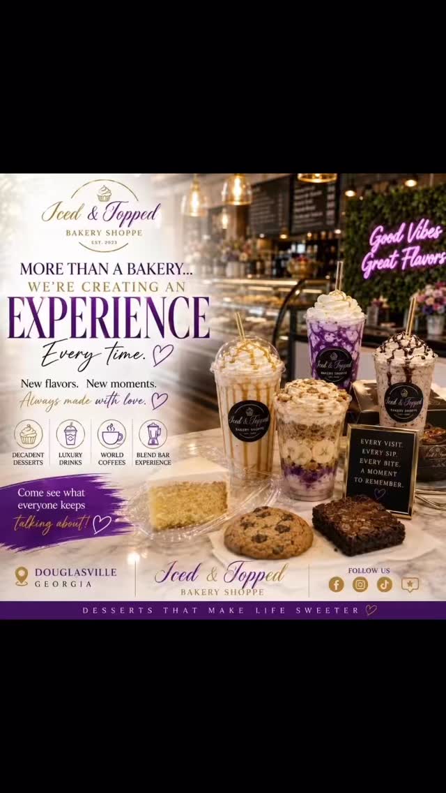 One thing about Iced & Topped…
we’re always evolving 💫
From desserts…
to luxury drinks…
to world coffees…
to the Blend Bar experience…
Every time you walk through our doors, we want it to feel like you discovered something special.
Some people sell products.
We create experiences, moments, and memories.
And trust us…
we’re only getting started 👀✨
📍Douglasville, Georgia
📍Iced & Topped Bakery Shoppe
Come see what everyone keeps talking about 💜
#IcedAndTopp#IcedAndToppedl#DouglasvilleEatsr#LuxuryBakery#CafeVibesdie