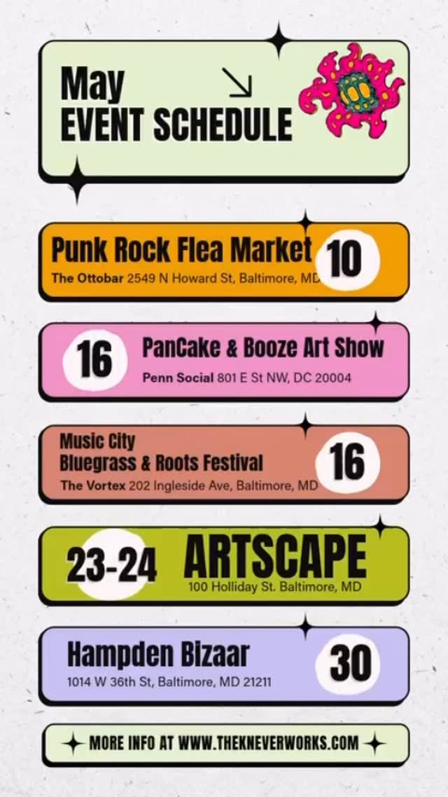 MAY IS STACKED 🌪️🎨
We’ve got flea markets, festivals, live art, our FIRST EVER pop-up gallery setup, and enough chaos to keep the paint wet all month long.
Catch us at:
⚡ Ottobar Punk Rock Flea Market — May 10�🥞 DC Pancakes & Booze Art Show — May 16�🎻 Music City Bluegrass & Roots Festival @ The Vortex — May 16�(our first official pop-up gallery 👀)
🎨 ARTSCAPE — May 23 & 24�🛍️ Hampden Bazaar — May 30
Original artwork, prints, apparel, weird artifacts, hot wall gravy, and probably sleep deprivation.
If you’ve been wanting to see The Kneverworks in person, May’s the month.
Come say hey. Bring friends. Buy strange things. Support living artists. 🖤
#TheKneverworks #BaltimoreArt #ArtMarket #ArtFestival #LivePainting