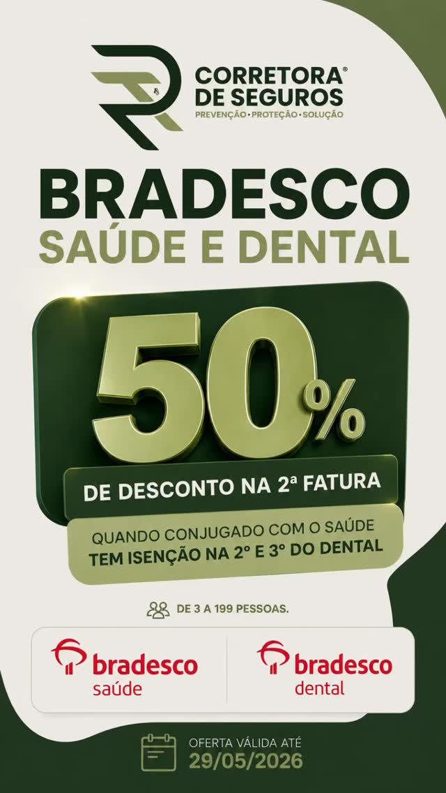 💚 Sua empresa merece mais cuidado, economia e proteção!
Aproveite essa condição especial da RT Corretora de Seguros:
✨ Bradesco Saúde e Dental
🔥 50% de desconto na 2ª fatura e quando conjugado com o saúde tem isenção na 2° e 3° do dental
✔ Planos para empresas de 3 a 199 pessoas
✔ Cobertura de qualidade
✔ Mais segurança e tranquilidade para sua equipe
📅 Oferta válida até 29/05/2026
Entre em contato e solicite sua cotação agora mesmo! 📲
#RTCorretora #BradescoSaude #BradescoDental #PlanoDeSaude #PlanoOdontologico SaudeEmpresarial BeneficiosEmpresariais SeguroSaude Saude Dental Empresas CorretoraDeSeguros
