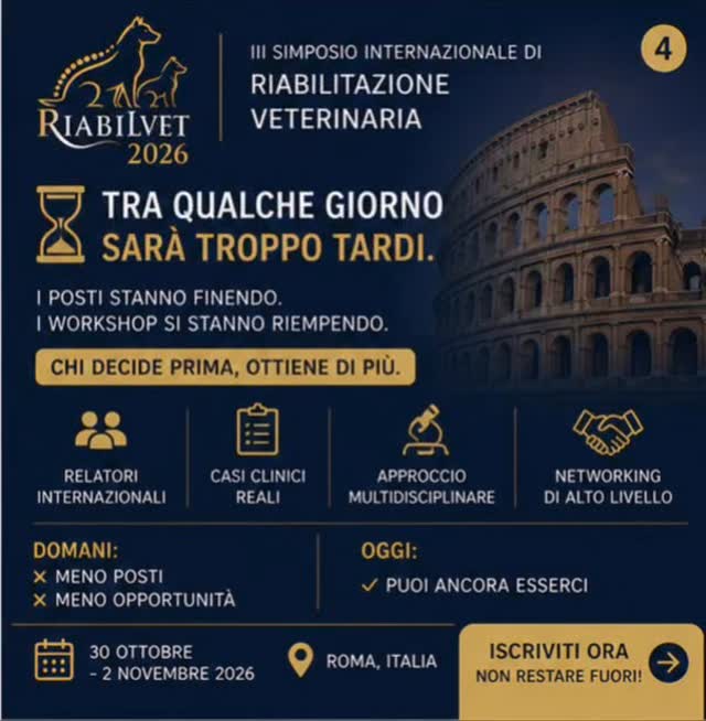 ⏳ Tra qualche giorno sarà troppo tardi.
Non è una frase fatta.
È realtà.
I posti stanno finendo.
I workshop si stanno riempiendo.
E come sempre succede…
👉 chi decide prima, ottiene di più
🎯 RIABILVET 2026
✔ relatori internazionali
✔ casi clinici reali
✔ approccio multidisciplinare
✔ networking di alto livello
Domani:
❌ meno posti
❌ meno opportunità
Oggi:
👉 puoi ancora esserci
🔥 ISCRIVITI ORA
📍 Roma
📅 30 ottobre – 2 novembre 2026
#EarlyBird
#Riabilvet2026
#VetCongress
#UltimiPosti