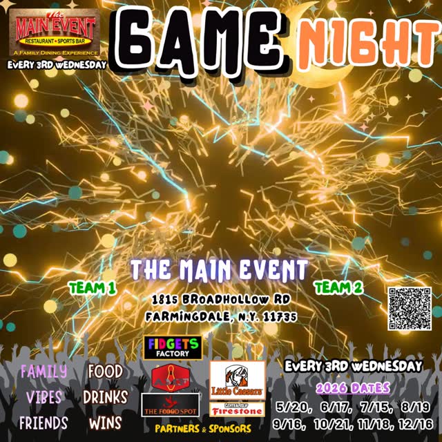 Don't just watch - PLAY⭐🏆⭐@themaineventny ⭐🍹⭐
#NaquelGames #TheMainEvent #GameNight #MayEvent #WIN #Foodie #GreatVibes #LiveGameNight #TriviaExperience #TVStyleGames #NameThatTune #FamilyFeudLive #FreePlay #JeopardyInspired #Farmingdale #LongIsland