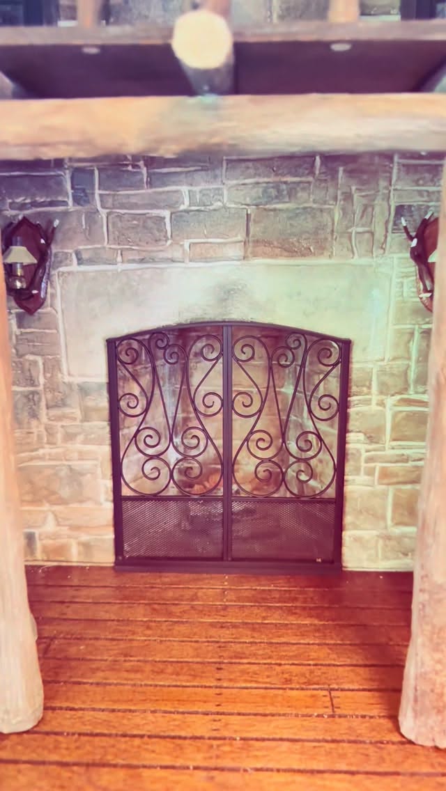 This is awesome miniature mountain retreat room box is available now in my latest Estate Sale (link in bio) bidding ends this Sunday during the 7 PM ET hour. This is a very sturdy, well crafted and designed two-level framed room box ready to set into a wall or sit neatly on a shelf and his chock full of architectural details, including aged timber beams, hardwood pegged flooring, textured stone walls, a walk-in fireplace with metal like grate and Alpine views from an outdoor patio through French doors and so much more. Link in bio to take a closer look! #swoon