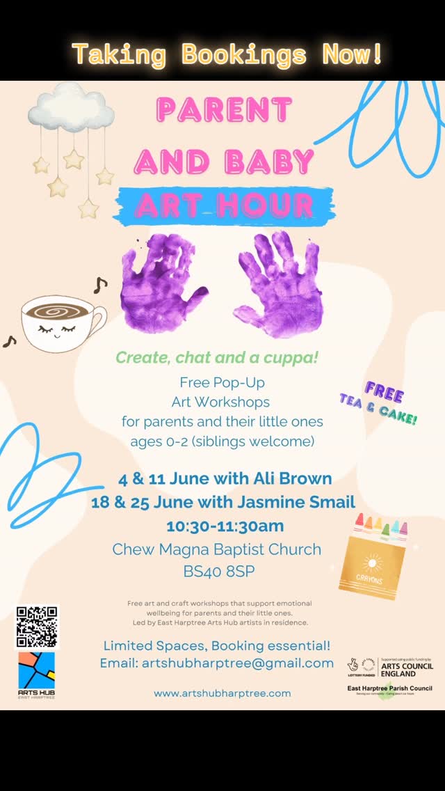 Parent and Baby Art Hour is Back!!! 🖍️🎨🖌️🤱🏼🤱🏾👶🏼🍼After such great feedback after our last sessions we wanted to offer these amazing FREE wellbeing sessions again, aimed at parents with babies up to two years old (siblings also welcome). Our artists in residence will facilitate art wellbeing sessions for parents and babies to engage with...of course alongside tea, coffee and cake!
Book a spot asap - spaces limited to 8 adults per session. Email Ruth @ artshubharptree@gmail.com
📅4 & 11 June - facilitated by Ali Brown
📅18 & 25 June - facilitated by Jasmine Smail
📍Chew Magna Baptist church (smaller back room, not main hall)
🕔10:30-11:30am
#chewvalley #artworkshops #wellbeing #parentandbaby