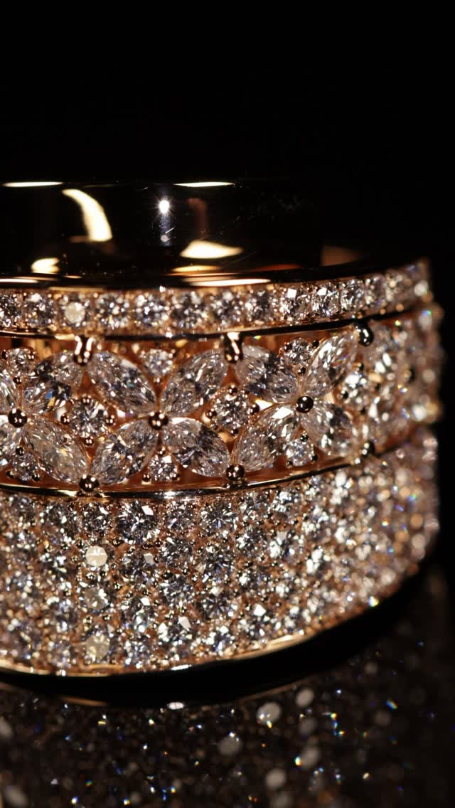 87 brilliant-cut diamonds and 16 navette-cut diamonds on the same ring. Two cuts, two different ways of catching light, one surface.
A brilliant-cut diamond is designed for maximum light return. Its 57 or 58 facets are arranged to reflect as much light back through the table as possible, the result is the white flash that most people associate with diamonds. A navette cut works differently. Its elongated shape and pointed ends direct light along the length of the stone rather than straight up, producing a softer, more directional play of light that moves as the hand moves.
To set both cuts on the same ring is to create a surface that never reads the same way twice. The brilliants return light directly. The navettes carry it sideways. Together they produce a ring that catches the eye from every angle without ever explaining why.
87 brilliant-cut diamonds in F-VS at 1.35 carats. 16 navette-cut diamonds in F-VS at 0.89 carats. 19.1 grams of 18-carat rose gold at size 53. A total of 103 stones, two entirely different approaches to the same material, on one band.
By private appointment only.
The BrandZ — A Luxury Experience.
#thebrandz