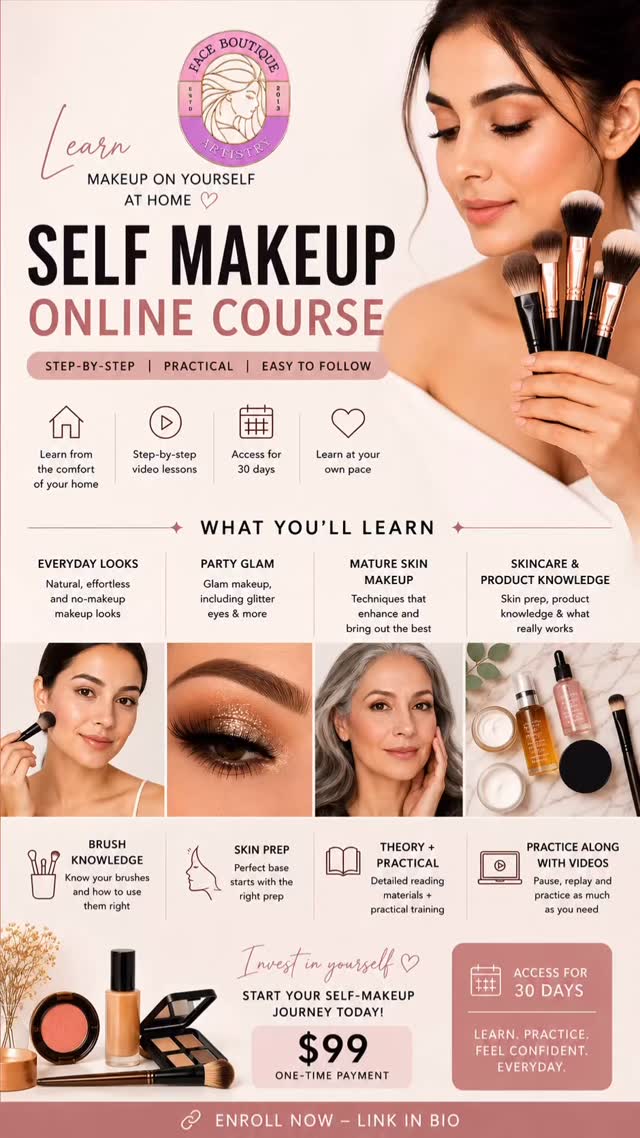 SELF MAKEUP COURSE - $99 only!
LEARN TO DO YOUR OWN MAKEUP LIKE A PRO ✨
After so many requests, my Self Makeup Online Course is finally here 🤍
This course is designed for beginners and everyday women who want to learn how to confidently do their own makeup from the comfort of home step by step, at your own pace.
Inside the course, you’ll learn:
✨ Everyday natural makeup
✨ Soft glam & party looks
✨ Mature skin techniques
✨ Skin prep & product knowledge
✨ Brush knowledge
✨ How to create a flawless base
✨ Practical tips that actually work
✔️ Easy-to-follow video lessons
✔️ Access for 30 days
✔️ Learn anytime, anywhere
✔️ Replay and practice as much as you need
Whether you’re getting ready for weddings, parties, photos, content creation, or just want to feel more confident in your everyday makeup this course is for YOU 💕
💰 Limited Time Launch Price: $99 use code (FACEBTQ)
Regular $199
🔗 Enroll now — link in bio
#learnmakeup