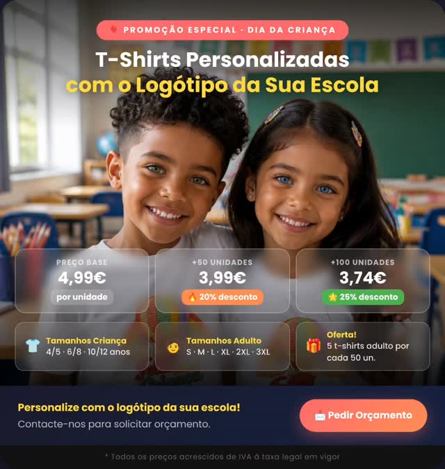 🎈 O Dia da Criança está a chegar e nós temos a surpresa perfeita para a sua escola!
T-shirts personalizadas com o logótipo da sua escola — uma lembrança que os pequenos vão guardar para sempre. 🌈
✨ Preços especiais para encomendas em quantidade:
🔸 A partir de 50 unidades → 20% desconto
🔸 A partir de 100 unidades → 25% desconto
🎁 E ainda: 5 t-shirts OFERTA para educadores por cada 50 unidades!
👕 Tamanhos criança (4/5 · 6/8 · 10/12 anos) e adulto (S ao 3XL)
📩 Envie-nos mensagem ou contacte-nos para pedir o seu orçamento!
5 Hashtags:
#DiadaCriança #TShirtsPersonalizadas #VoltaAsAulas #EscolasFelizes #LogotipoEscola