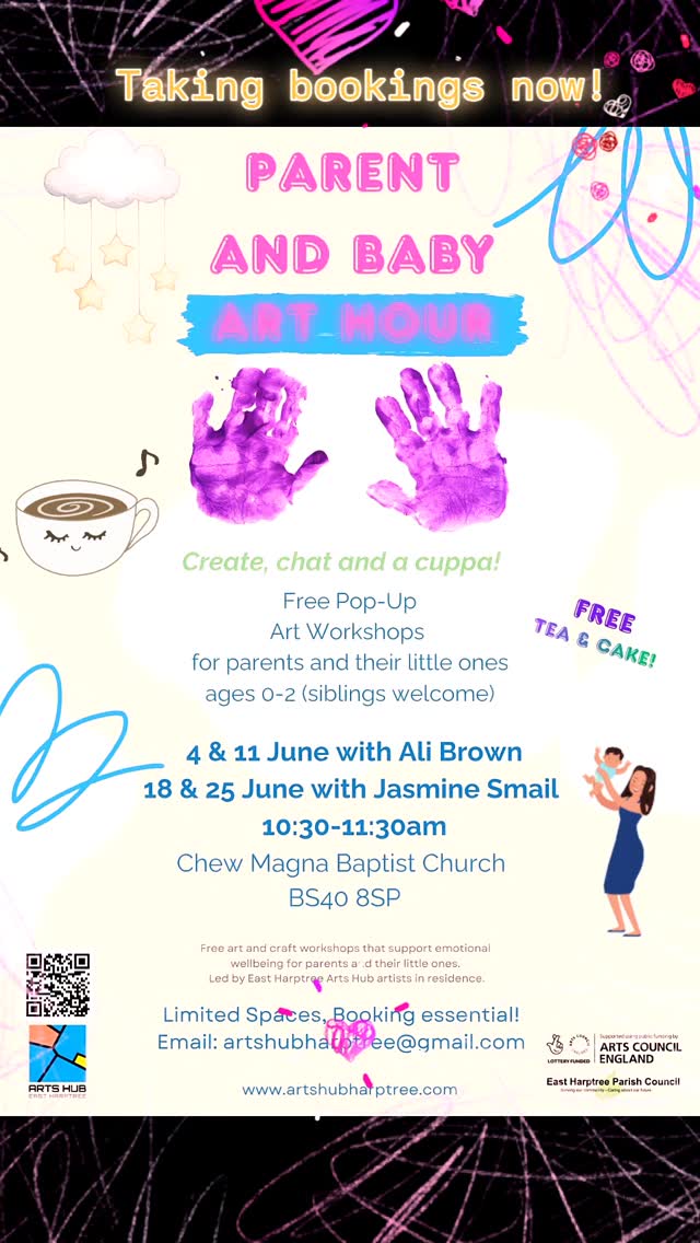 Parent and Baby Art Hour is back!!!! After such amazing feedback from sessions earlier in the year we wanted to bring these FREE wellbeing crafting sessions back for parents and their babies, facilitated by our artists in residence. For parents to relax into simple enjoyable crafts and be around like minded parents...with the added bonus of free tea, coffee and cake!
Book advised asap - limited spaces of only 8 adults per session. email: artshubharptree@gmail.com
📅4 & 11 June - facilitated by Ali Brown
📅18 & 25 June - facilitated by Jasmine Smail
📍Chew Magna Baptist Church (small hall at the back)
🕔 10:30-11:30am
#babyart #motherbaby #parentandbaby #chewvalley #artworkshops
