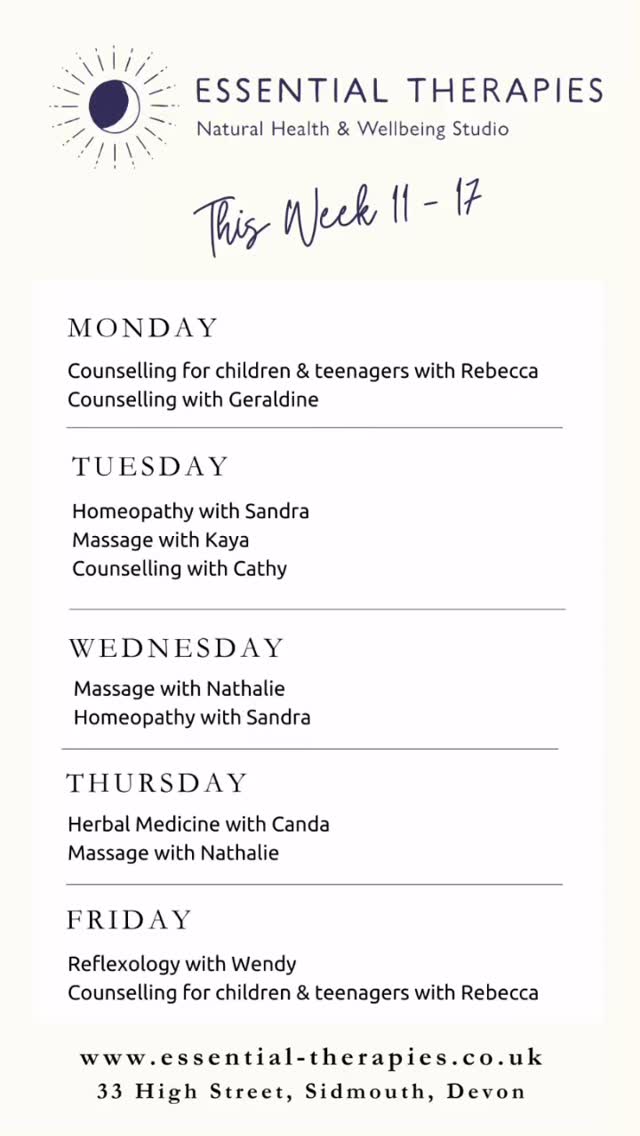 This week @essential.therapies.sidmouth
Please check out our website and contact your chosen therapist directly to book your appointment.
#sidmouth #eastdevon #devon