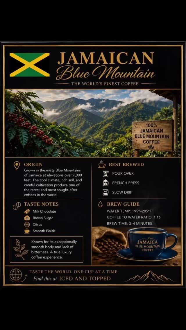 ☕🇯🇲 NOW POURING: JAMAICAN BLUE MOUNTAIN COFFEE at Iced And Topped Bakery Shoppe
Known as one of the smoothest and most luxurious coffees in the world… Jamaican Blue Mountain coffee has officially arrived. 🌍✨
Grown high in the misty Blue Mountains of Jamaica, this rare coffee is celebrated for its:
☕ Exceptionally smooth finish
☕ Rich milk chocolate notes
☕ Brown sugar sweetness
☕ Bright citrus undertones
☕ Almost no bitterness
Every sip delivers a refined, balanced experience that coffee lovers around the world search for.
As part of our World Coffee Experience, we’re bringing globally celebrated coffees directly to Douglasville so you can experience cultures, flavors, and traditions from around the world — one cup at a time.
This isn’t ordinary coffee.
This is a luxury coffee experience. ✨
📍Find it now at Iced And Topped Bakery Shoppe
#IcedAndTopped #JamaicanBlueMountain #WorldCoffeeExperience #LuxuryCoffee #TasteTheWorld CoffeeCulture CoffeeLovers Douglasville AtlantaCoffee CoffeeJourney CoffeeTime CafeVibes JamaicanCoffee GlobalCoffee CoffeeExperience