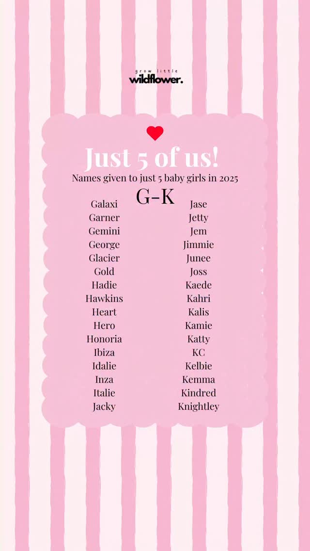 JUST 5 BABY GIRLS in 2025 were given these names!!
🩷🩷🩷
I’m going through the alphabet to share some of the least used names from the most recent name data released from the SSA in 2025. It takes us right back to names used just 5x and I don’t know about you but these are the names I am most intrigued by!!!
LOVED seeing a family name within our family - Hawkins - used for girls!! Also loved seeing Honoria, Kindred, Gold, Heart, Jetty and GEORGE was a surprise - for girls!!!!
Moving onto G-K ❤️🔥 …go back one linked reel to see A-F of the rarest names being used in 2025!
Yes, boys are coming too!!! 🩵
#growlittlewildflower
