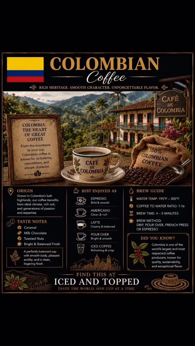 ☕🇨🇴 NOW SERVING: COLOMBIAN COFFEE at Iced And Topped Bakery Shoppe
Rich heritage. Smooth character. Unforgettable flavor. ✨
Colombian coffee is celebrated around the world for its incredible balance, smooth body, and vibrant flavor profile. Grown high in Colombia’s lush mountain regions, every cup reflects generations of craftsmanship and passion.
This globally loved coffee experience delivers:
☕ Smooth caramel notes
☕ Creamy milk chocolate flavor
☕ Toasted nut undertones
☕ A bright, balanced finish
Whether enjoyed as:
☕ Espresso
☕ Americano
☕ Latte
☕ Pour Over
☕ Iced Coffee
…Colombian coffee offers a clean, rich experience that coffee lovers never forget.
As part of our World Coffee Experience, we’re bringing internationally celebrated coffees directly to Douglasville so every visit becomes a journey around the world — one cup at a time. 🌍
📍Find it now at Iced And Topped Bakery Shoppe
#IcedAndTopped #ColombianCoffee #WorldCoffeeExperience #TasteTheWorld #CoffeeCulture CoffeeLovers Douglasville AtlantaCoffee LuxuryCoffeeExperience CafeVibes CoffeeJourney GlobalCoffee CoffeeTime CoffeeAroundTheWorld SpecialtyCoffee