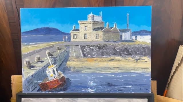 “Blacksod Lighthouse. Mullet Peninsula. Co Mayo.”Oils. Canvas 20/30ins. In June 1944, Maureen Sweeney,Keeper, sent a bad weather report to the British Admiralty and D-Day invasion of Normandy was postponed. A plaque commemorates on the lighthouse. €2,200. Details call Ivan 087 2561178