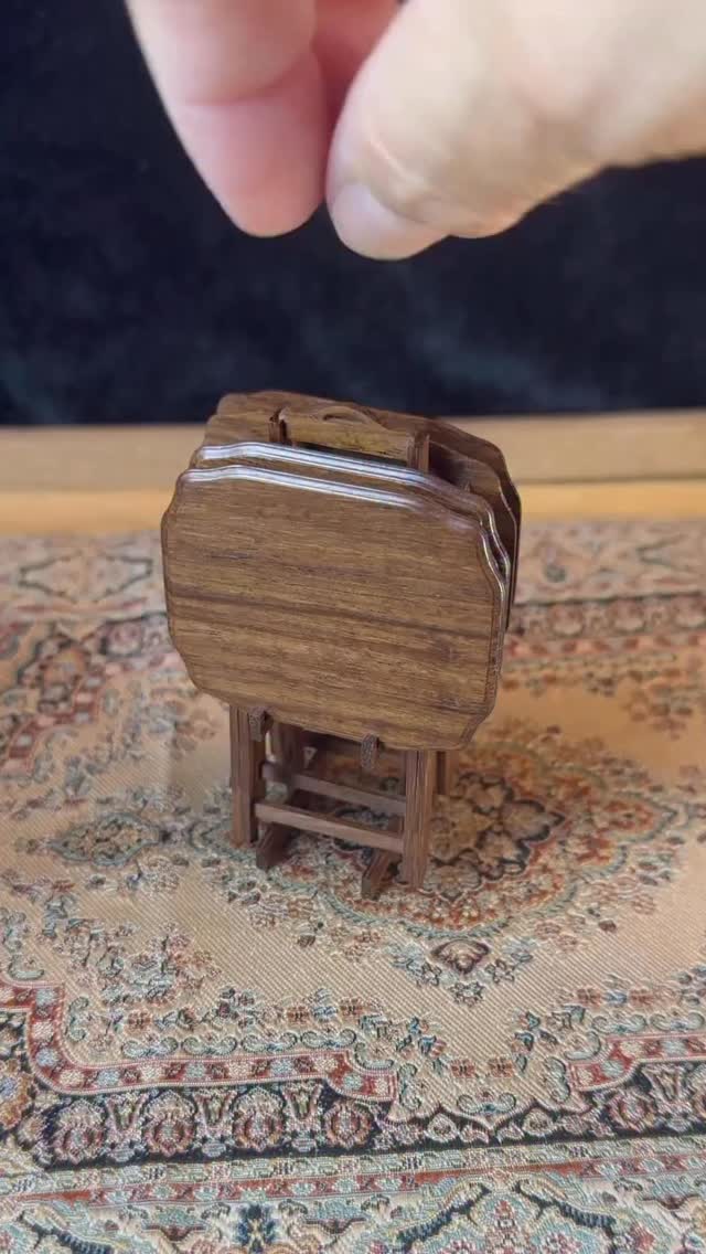 These stacking tray tables by Jeff from @doodlerwoodworking are just about everything that makes miniatures so magnificent! Real wood. Real metal components. Real functional. Real delight. #swoon #dollhouse #miniatures