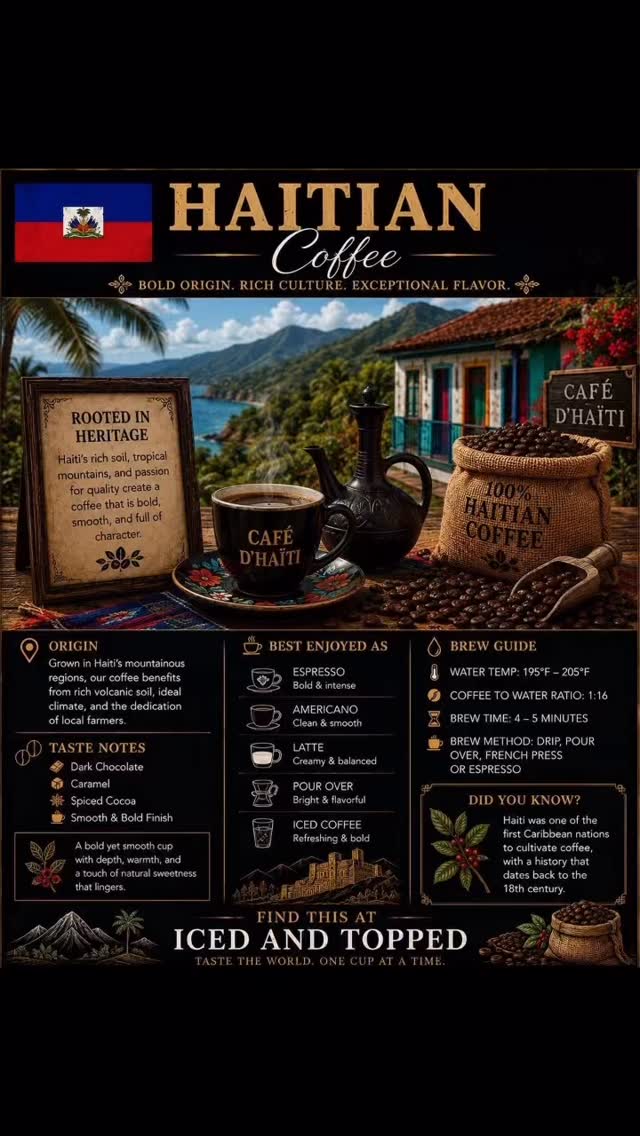 ☕🇭🇹 NOW SERVING: HAITIAN COFFEE at Iced And Topped Bakery Shoppe
Bold origin. Rich culture. Exceptional flavor. ✨
Haitian coffee is one of the Caribbean’s hidden treasures — known for its smooth body, rich warmth, and deep flavor profile rooted in generations of tradition and craftsmanship.
Grown in Haiti’s mountainous regions with rich volcanic soil and tropical climate, this incredible coffee experience delivers:
☕ Dark chocolate richness
☕ Smooth caramel notes
☕ Warm spiced cocoa undertones
☕ A bold yet balanced finish
Every sip tells a story of heritage, resilience, passion, and culture.
Whether enjoyed as:
☕ Espresso
☕ Americano
☕ Latte
☕ Pour Over
☕ Iced Coffee
…Haitian coffee brings warmth and soul to every cup. 🌍
As part of our World Coffee Experience, we’re bringing globally inspired coffees directly to Douglasville so every customer can experience flavors from around the world — one cup at a time.
📍Find it now at Iced And Topped Bakery Shoppe
#IcedAndTopped #HaitianCoffee #WorldCoffeeExperience #TasteTheWorld #CoffeeCulture CoffeeLovers Douglasville AtlantaCoffee LuxuryCoffeeExperience CafeVibes CoffeeJourney GlobalCoffee CaribbeanCoffee CoffeeTime CoffeeAroundTheWorld