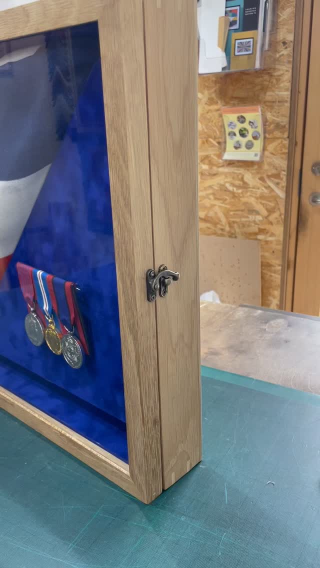 Cabinet for navy flag and medals complete with blue suedette internal and functional box for memorabilia and storage ! Great making this 🙌🙌🫡 #woodgreen #pictureframes #cabinetmaking