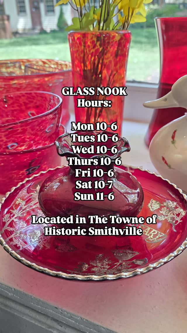 We are open ALL YEAR! BUT TIS THE SEASON FOR NICE WEATHER AND A BEAUTIFUL PLACE TO WALK AROUND!
Put the village on your list of things to do in New Jersey and come check out our new VIntage glass shop! We opened in September 2025 and this is our first Spring/Summer Season! Come say Hi! Share with your Glassy friends 🧡🧡
#vintageglassware #glasscollection #glassnook #GlassNookSmithville #historicsmithville