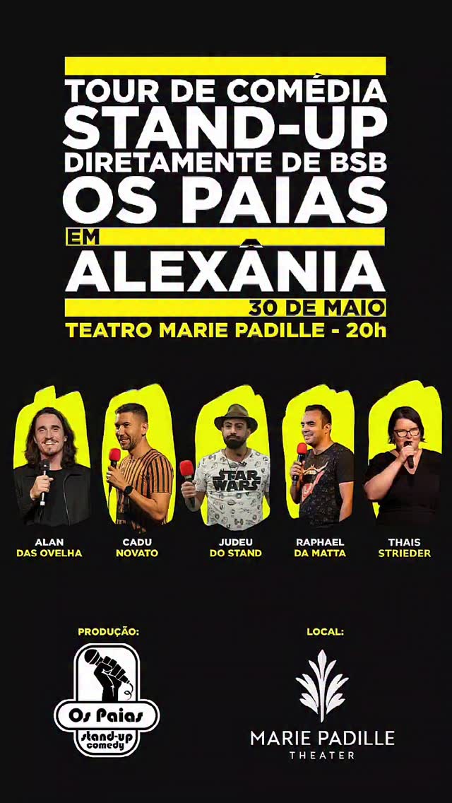 🎤😂 ALEXÂNIA, PREPARA O RISO! 😂🎤
A Tour de Comédia Stand-Up chega diretamente de Brasília com Os Paias, trazendo uma noite de humor, improviso e muitas gargalhadas no palco do Teatro Marie Padille!
📅 30 de maio
🕗 20h
📍 Teatro Marie Padille – Alexânia
🎟️ Ingressos: R$40
🔞 Classificação: 16 anos
📲 Garanta já o seu ingresso no Sympla! Corre porque os lugares são limitados!
Com participação de:
Vc tem 🎙️ Alan das Ovelha
🎙️ Cadu Novato
🎙️ Judeu do Stand
🎙️ Raphael da Matta
🎙️ Thaís Strieder
Uma noite para esquecer os problemas e rir até a barriga doer! 🤣🔥
⚠️ Chama os amigos, monta a turma e vem viver essa experiência de humor ao vivo!
#StandUpComedy #OsPaias #Alexânia #TeatroMariePadille #ComédiaAoVivo