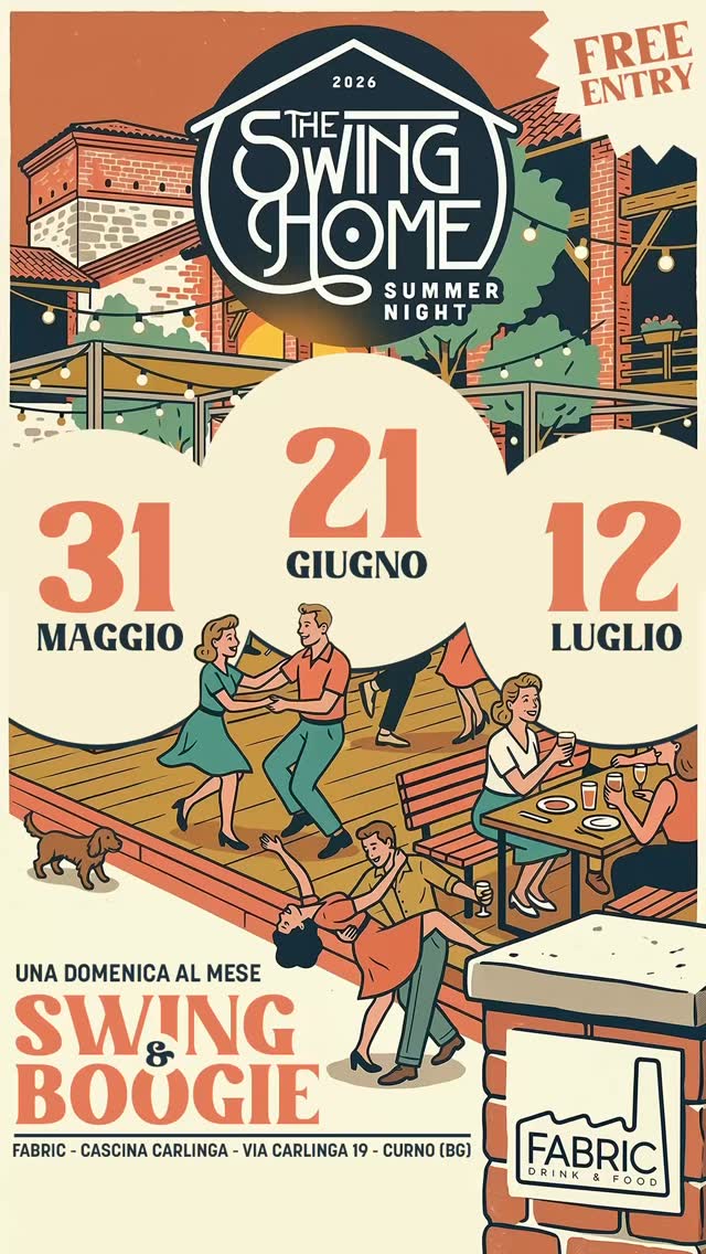 ☀️ L’ESTATE INIZIA NEL MIGLIORE DEI MODI ☀️
The Swing Home Summer Night arriva al Fabric – Cascina Carlinga di Curno, e non potevamo scegliere cornice più bella. 😍
@fabric_drinkandfood
Una cascina storica, un’atmosfera unica, le luci soffuse della sera… e noi lì, a vivere lo swing, il boogie ed il Rockabilly in mezzo a tutto questo. È il tipo di posto che ti fa venire voglia di restare tutta la notte!
🗓️ 31 Maggio · 21 Giugno · 12 Luglio
🕡 A partire dalle 18:30 fino a quando non ci stancheremo
📍 Via Carlinga 19 – Curno (BG)
🎉 Ingresso gratuito
L’idea è semplice: arrivi, ti siedi, ordini da mangiare o ti fai un aperitivo rilassato con tutti i tuoi amici 🍷🍽️
E poi… tutti in pista. 🕺💃
Che tu balli da anni o non abbia mai fatto un passo, non importa: le nostre serate estive sono fatte per stare bene, ridere, muoversi e godersi l’estate in un posto davvero speciale.
Ci vediamo sotto le stelle? 🌙✨
Porta chi vuoi. È gratis. È bellissimo. È casa. 🏠