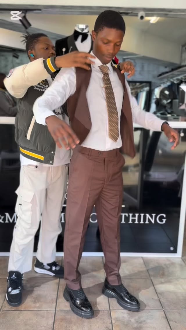 Check out this outfit only at our shop…..
* Suit - R2000
* Shirt - R350
*Tie pin - R150
* Necktie - R150
* Shoes - R750
* Total - R3400