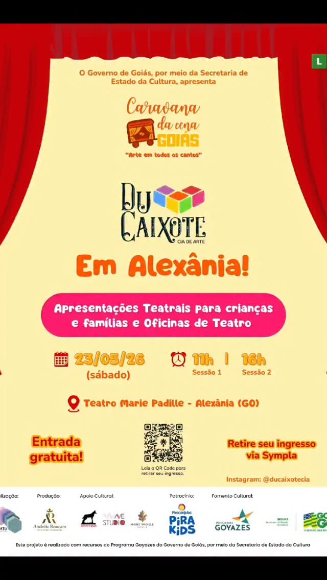 🎭✨ Alexânia recebe um dia especial de arte, imaginação e encantamento! ✨🎭
No dia 23 de maio, o Teatro Marie Padille abre as portas para receber a Caravana da Cena Goiás, com apresentações da incrível Cia Du Caixote, levando cultura, teatro e experiências inesquecíveis para crianças e toda a família.
Prepare-se para viver histórias, despertar emoções e mergulhar no universo do teatro através de espetáculos e oficinas teatrais, em uma programação gratuita pensada para aproximar a arte de todos!
📅 Data: 23/05/2026 (sábado)
🕚 Sessão 1: 11h
🕓 Sessão 2: 16h
📍 Local: Teatro Marie Padille – Alexânia (GO)
🎟️ Entrada gratuita (retire seu ingresso pelo Sympla)
Porque a arte transforma, inspira e conecta gerações. Venha viver esse momento com sua família! ❤️🎪
Garanta seu ingresso e compartilhe com quem ama cultura!
#CaravanaDaCenaGoiás #DuCaixote #TeatroInfantil #Alexânia #CulturaGoiana ArteParaTodos Teatro Família Goiás TeatroMariePadille ProgramaGoyazes CulturaTransforma