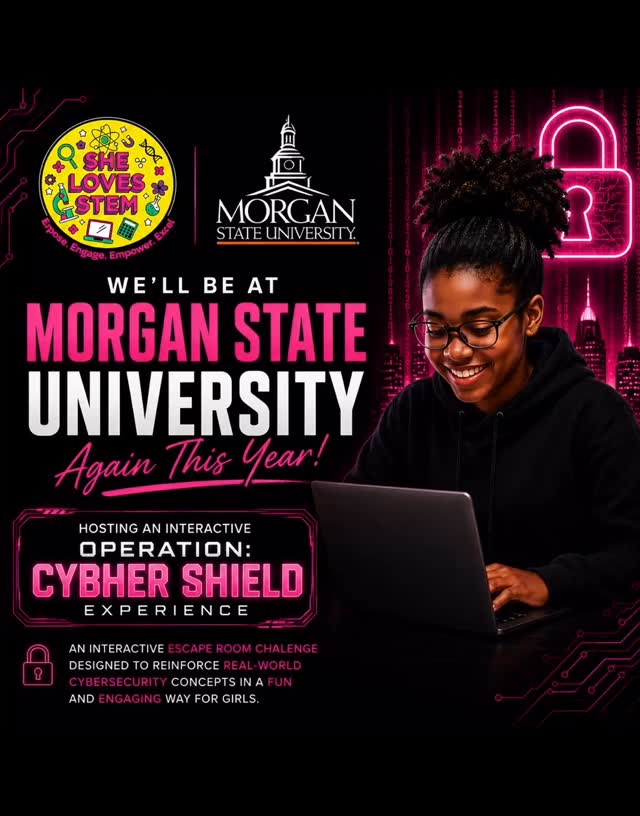We’re back at Morgan State University @morganstateu
💙🧡🐻
SHELOVESSTEM is excited to return for the Summer Cyber Stars Program and of course we’re bringing something special 👀💁🏾♀️
On June 26, 2026, we’ll be hosting an interactive
🔐 “Operation: CybHer Shield” Escape Room Challenge
A high-energy, team-based experience designed to help girls:
💻 Think like hackers
🛡️ Defend like pros
🧠 Apply real-world cybersecurity concepts in a competitive + fun + engaging way
📍 Cyber Stars Program Details
WHEN: June 22 – July 3, 2026 | 9:00 AM – 1:00 PM
WHERE: Morgan State University
Clarence M. Mitchell Jr. School of Engineering
COST: FREE
🔗 Register here: bit.ly/capcyberstars (Link in Bio)
📧 Questions? cyber_stars@morgan.edu
We can’t wait to have fun with all of the future CybHer leaders 💻💜🩷💛💚
#SheLovesSTEM #CybHerShield #MorganState #CyberStars