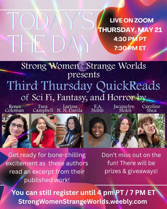 Join us today for an amazing time with 6 authors reading live on Zoom!
🌟4:30 pm PT / 7:30 pm ET
⚡️May 21, 2026
Register for the Zoom link at 🤗StrongWomenStrangeWorlds.weebly.com
Don't miss out on this mash up of fantasy, sci-fi & horror 🤯
#authorevent
#bookishdelight
#fictionstories
#livereadings
#SWSWQR