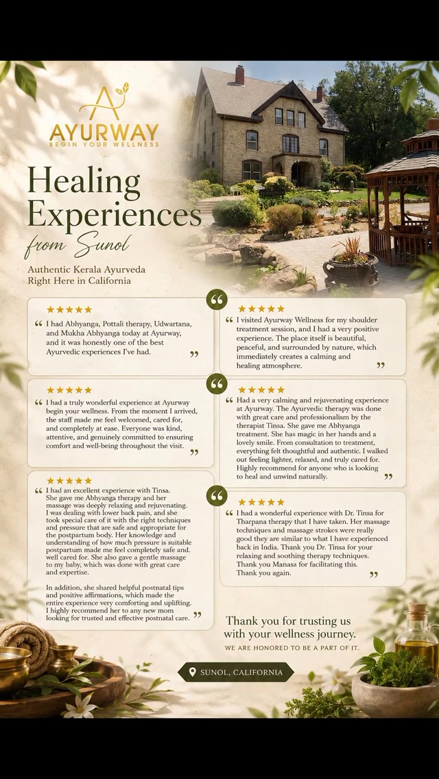 Every healing journey begins with feeling seen, cared for, and truly welcomed
We’re deeply grateful for every kind word shared by our guests at Ayurway, Sunol. From authentic Kerala Ayurvedic therapies to moments of peace, relaxation, and renewal, your experiences mean everything to us.
“Words that matter most” are the ones that come from real healing, real care, and real trust. 🤍
Thank you for allowing us to be part of your wellness journey.
📍Sunol, California
🌿 Authentic Kerala Ayurveda
💆♀️ Personalized holistic wellness experiences
#ayurwaysunol #Ayurveda #KeralaAyurveda #bayareawellness #reviews