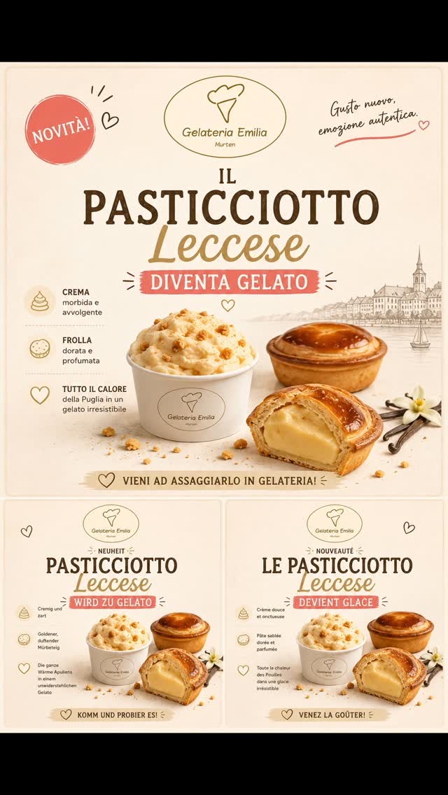 Oggi vi portiamo dritti in Salento con il nostro nuovo gusto: Gelato al Pasticciotto Leccese!☀️🌾 #murtensee #murten #gelateriaemilia
Heute nehmen wir euch mit auf eine Reise nach Salento (Apulien) mit unserer neuesten Kreation: Pasticciotto Leccese Eis!☀️🌾
#gelatoartigianale Aujourd'hui, on vous emmène directement dans le Salento (l'extrême sud des Pouilles) avec notre nouveauté : la Glace au Pasticciotto Leccese ! ☀️🌾#Morat