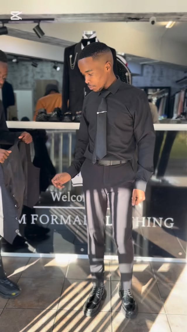 Check out this outfit only at our shop…..
* Suit - R1650
* Shirt - R350
*Tie pin - R150
*Brooch-150
* Necktie - R150
* Belt - R250
* Shoes - R750
* Total - 3300