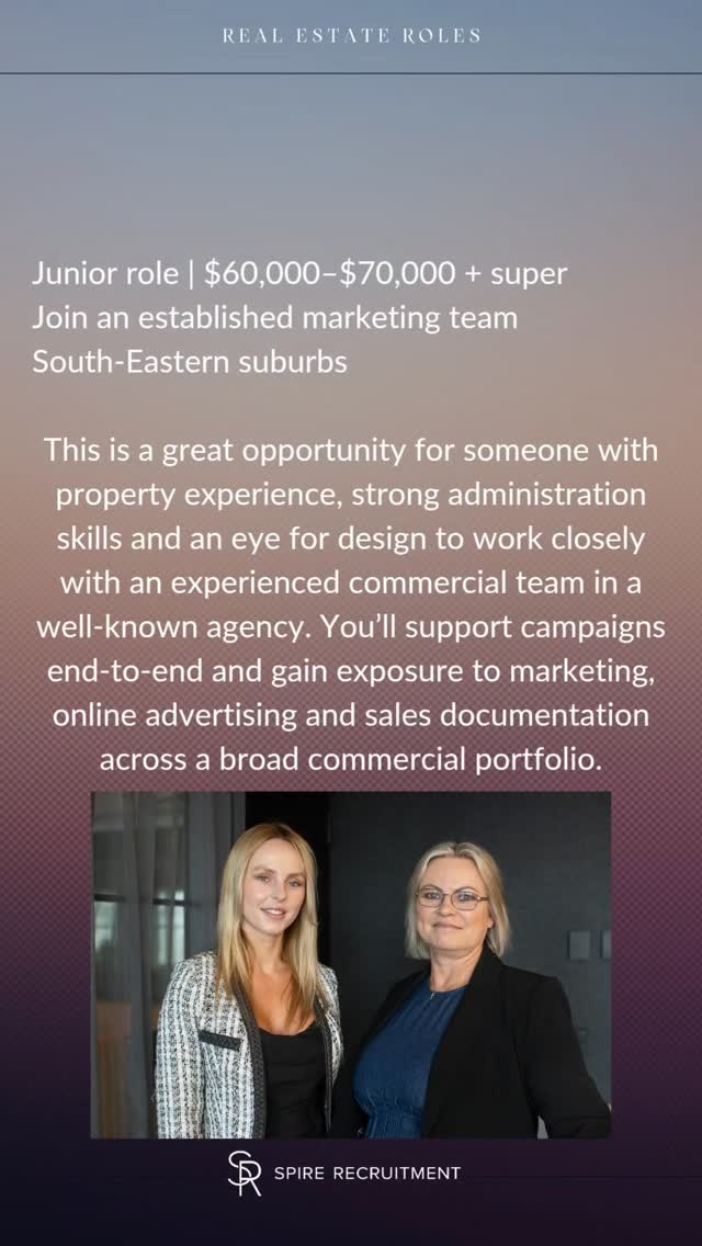 Its a blended marketing and sales assistant position. You will be supporting the commercial marketing team. Providing administration support to senior agents and more.
Some real estate experience preferred.
Call us now to find out more:
Phone: 03 9000 5617
Email: Hello@spirerecruitment.com.au
#spirerecruitment #realestate #spire #recruitment #jobsinmelbourne