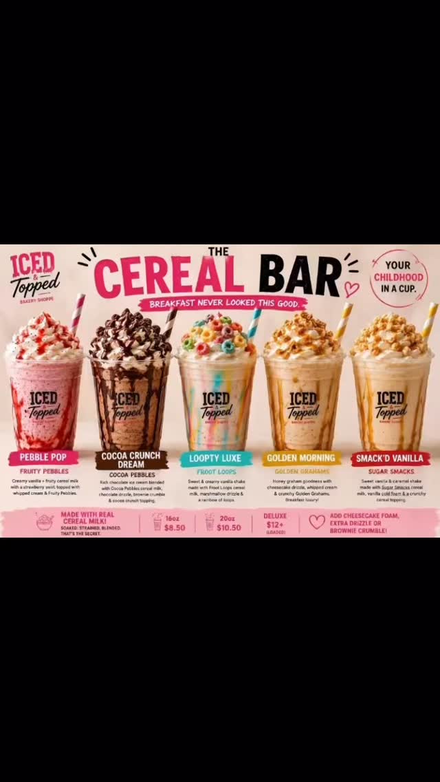 🥣✨ BREAKING NEWS FROM Iced & Topped Bakery Shoppe ✨🥣
Your childhood just got BLENDED.
Introducing our NEW ✨ CEREAL BAR MILKSHAKES ✨
Made with REAL cereal milk, creamy ice cream, whipped topping mountains, drizzle walls, and all the nostalgic flavors you grew up loving. 🤤
🍓 Pebble Pop
🍫 Cocoa Crunch Dream
🌈 Loopty Luxe
🍯 Golden Morning
✨ Smack’d Vanilla
And yes… we make our cereal milk INSTANTLY fresh for every shake so every sip tastes like the sweetest part of the cereal bowl. 🥣💫
This isn’t just a milkshake…
it’s BREAKFAST DESSERT CULTURE. 🔥
📍Pull up to Iced & Topped Bakery Shoppe
🎥 TikTok-worthy
📸 Photo-worthy
🤤 Craving-worthy
#IcedAndTopped #CerealBar #MilkshakeLovers #DouglasvilleEats #AtlantaDesserts FruityPebblesShake CocoaPebbles DessertLovers LuxuryDesserts TikTokFood FoodieFavorites MilkshakeMagic BreakfastDessert SweetToothSociety DessertBar