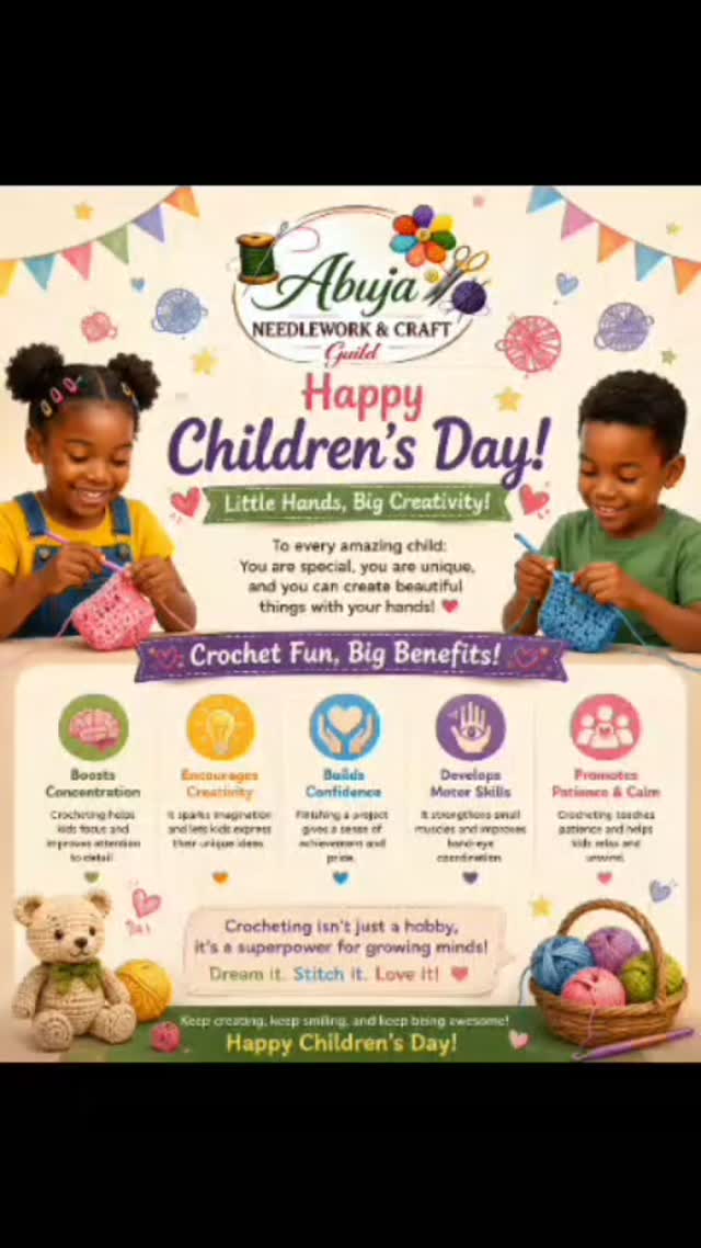 Happy Children’s Day to all our amazing little creators! 🎉🧶💖
Crochet is more than just fun — it helps kids build creativity, patience, confidence, focus, and fine motor skills while making beautiful things with their hands. From colorful yarn to happy stitches, every project becomes an adventure in learning and imagination! ✨
Let’s keep encouraging our children to create, explore, and dream big — one stitch at a time. 💕
#HappyChildrensDay
#KidsWhoCrochet
#CreativeKids
#CrochetForKids
#ANCGKidsCrafts