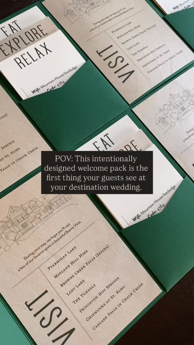 Visit. Eat. Explore. Relax.
When planning your destination wedding, don’t forget a welcome packet for your guests! Welcome packets often include a wedding itinerary, local attractions and restaurants, and accommodation details.
These welcome cards are printed on real wood to really bring home that Colorado mountain feel 🌲🥾
#destinationweddings #wanderingweddings #elopementinspiration #destinationwedding #coloradowedding