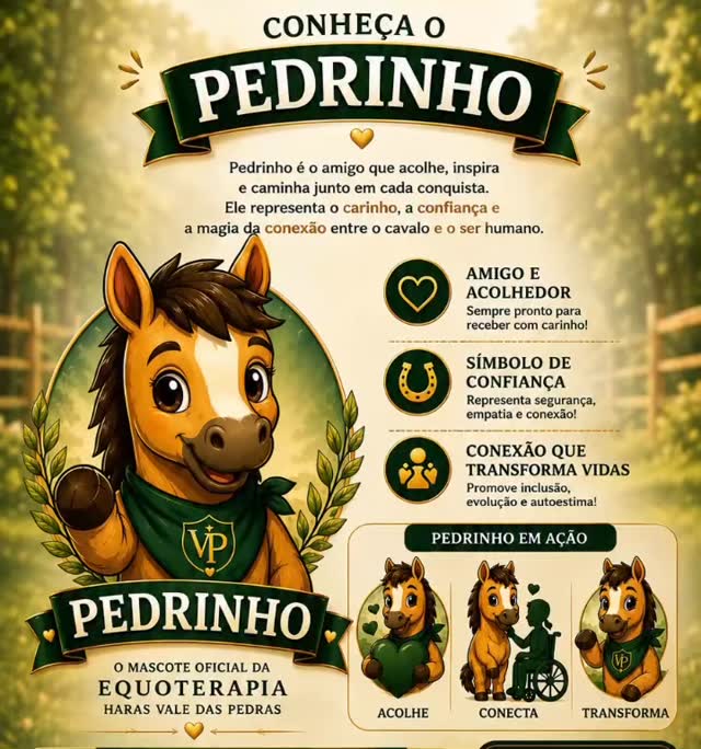 ✨ Temos um novo integrante na família Haras Vale das Pedras Equoterapia… 🐴💚
Apresentamos o nosso mascote oficial: PEDRINHO ✨
Escolhido com muito carinho através da votação de vocês, o Pedrinho chega para representar tudo aquilo que acreditamos todos os dias:
acolhimento, conexão, evolução e amor através do cavalo.
Ele será o companheiro das nossas histórias, conquistas e momentos especiais na equoterapia 🐎🌿
Sejam muito bem-vindos, Pedrinho e todos que fazem parte dessa nova fase tão especial!
💚 Equoterapia Haras Vale das Pedras
📍 Itupeva/SP – Bairro Nova Era
#Equoterapia #HarasValeDasPedras #Pedrinho #MascoteOficial #terapiacomcavalos