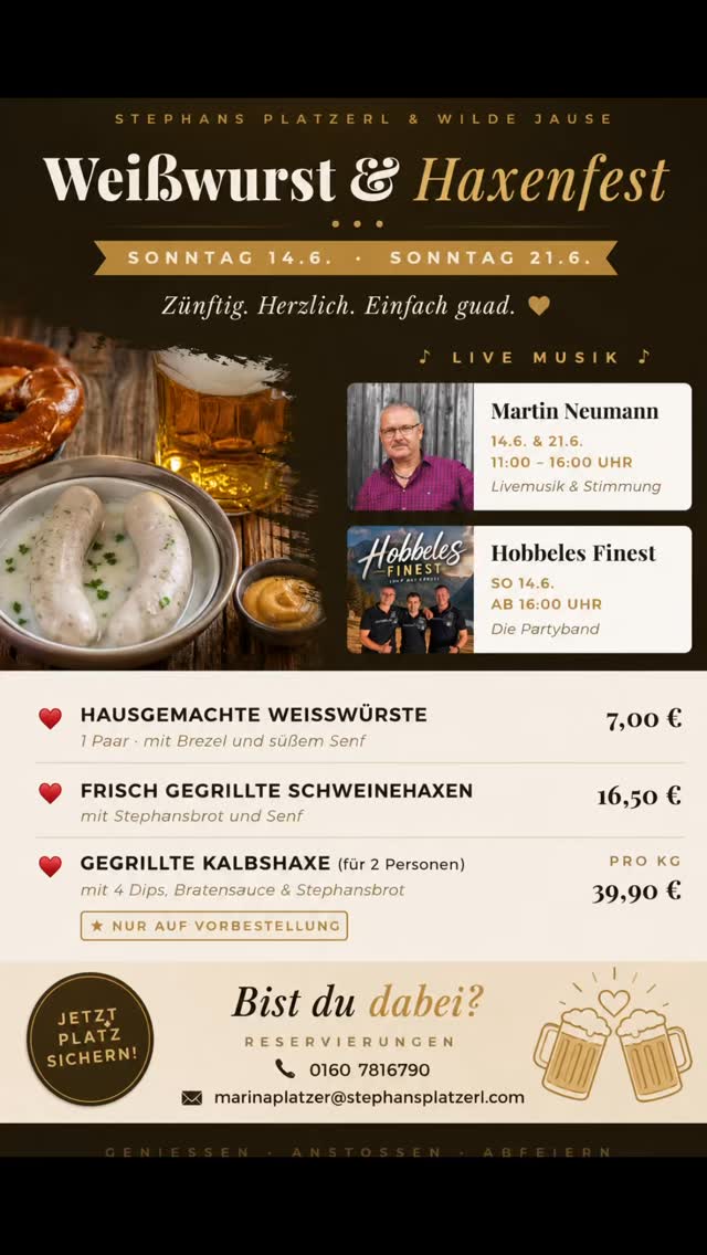 🔥 WEISSWURST & HAXENFEST im Stephans Platzerl 🔥
Zünftig. Deftig. Einfach guad. 🍻
An den Sonntagen 14.6. & 21.6. wird bei uns gefeiert, geschlemmt und ordentlich Stimmung gemacht!
🎤 Martin Neumann – Alleinunterhalter-Legende und Stimmungsgarant mit Kultfaktor 😄
🎸 Danach gibt’s ordentlich was auf die Ohren mit Hobbeles Finest – Party, Stimmung und Mitsingen ausdrücklich erwünscht! 🔥
🍖 Frisch gegrillte Schweinshaxen
🤍 Hausgemachte Weißwürste
🐄 Kalbshaxe nur auf Vorbestellung
⚠️ Weißwurst & Schweinshaxe nur solange der Vorrat reicht – wer zu spät kommt, schaut den anderen beim Essen zu 😉
📍 Stephans Platzerl & Wilde Jause
📞 Reservierungen: 0160 7816790
#stephansplatzerl #weißwurstfest #haxenfest #schweinshaxe #weißwurst livemusik hobbelesfinest martinneumann biergartenliebe enzkreis regionalgenießen festzeltstimmung wildejause sonntagsgenuss anstoßen abfeiern