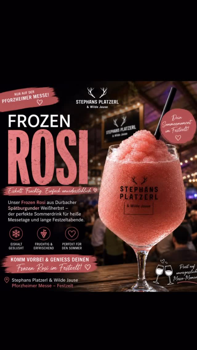 🍧🍷 Frozen Rosi auf der Pforzheimer Messe 🍷🍧
Eiskalt. Fruchtig. Einfach Sommer im Glas. ☀️💕
Unsere neue Frozen Rosi aus Durbacher Spätburgunder Weißherbst ist die perfekte Abkühlung für heiße Messetage und legendäre Festzeltabende.
Ob zum Anstoßen, Feiern oder einfach Genießen – dieser Drink macht sofort Lust auf Sommer. 🌸❄️
✨ Eisgekühlt geslusht
✨ Fruchtig & erfrischend
✨ Der perfekte Messe-Drink
📍 Nur im Stephans Platzerl & Wilde Jause
📍 Pforzheimer Messe – Festzelt
Kommt vorbei und gönnt euch euren Frozen-Rosi-Moment. 🍷💖
#FrozenRosi #StephansPlatzerl #PforzheimerMesse #FestzeltLiebe #Sommerdrink RoséLiebe WildeJause MessePforzheim FrozenCocktail SommerFeeling EiskaltGenießen RoséSlush 🍧🍷